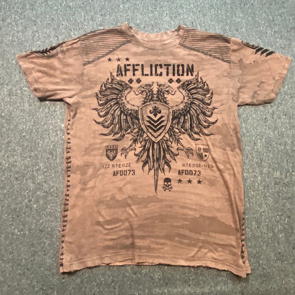 Affliction Shirt Sz L Men Brown Grunge MMA Biker Double Eagle Graphic Distressed